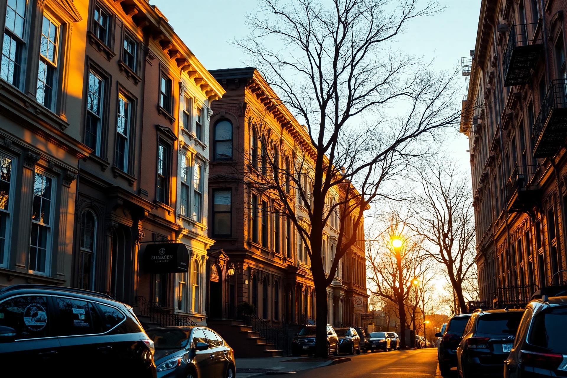 Brooklyn brownstone street at golden hour